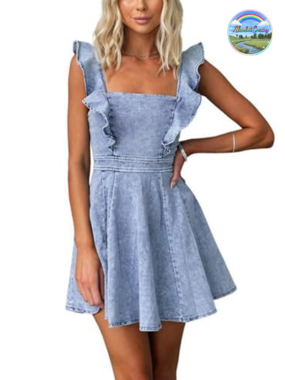 Ruffle Adjustable Strap Sleeveless Backless Babydoll Mini Denim Dress A-line